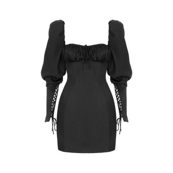 House Of CB ● Mistress Rocks Change Of Heart Black Satin Lace Sleeve Mini Dress ● Sales
