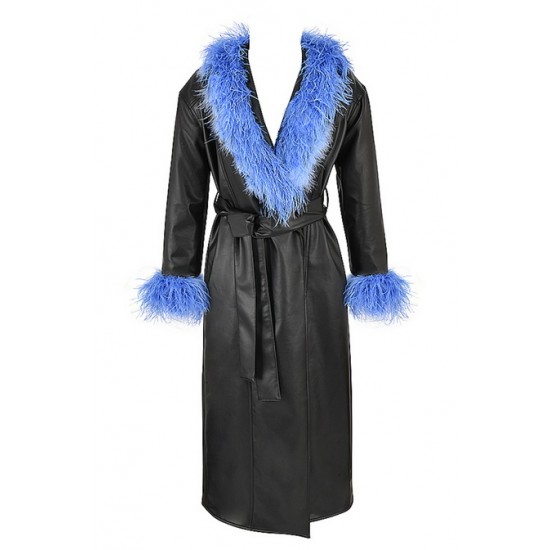 House Of CB ● Calista Black Vegan Leather Belted Feather Trim Maxi Coat ● Sales
