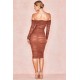 House Of CB ● Anais Chestnut Tulle Off Shoulder Ruched Dress ● Sales