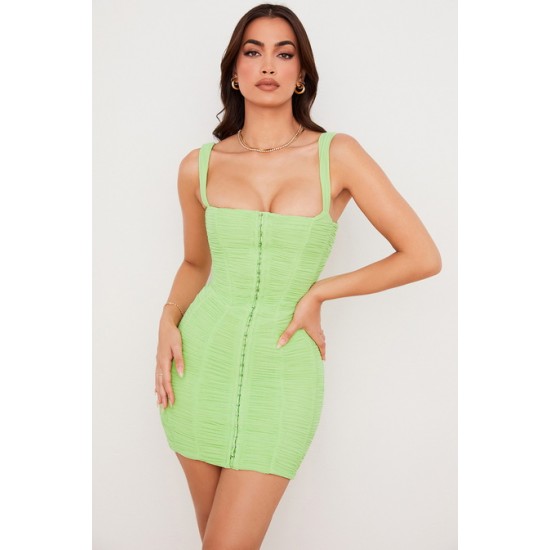 House Of CB ● Cate Lime Ruched Mesh Mini Dress ● Sales