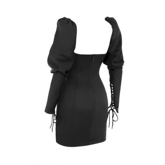 House Of CB ● Mistress Rocks Change Of Heart Black Satin Lace Sleeve Mini Dress ● Sales