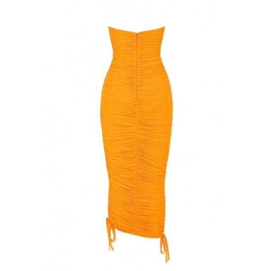 House Of CB ● Mistress Rocks Liaison Orange Strapless Ruched Midi Dress ● Sales