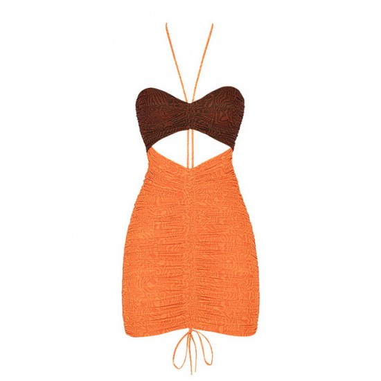 House Of CB ● Mistress Rocks Let Me Go Chocolate Orange Print Ruched Halter Mini Dress ● Sales