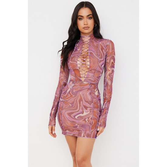 House Of CB ● Dylan Purple Printed Mesh Lace Up Mini Dress ● Sales