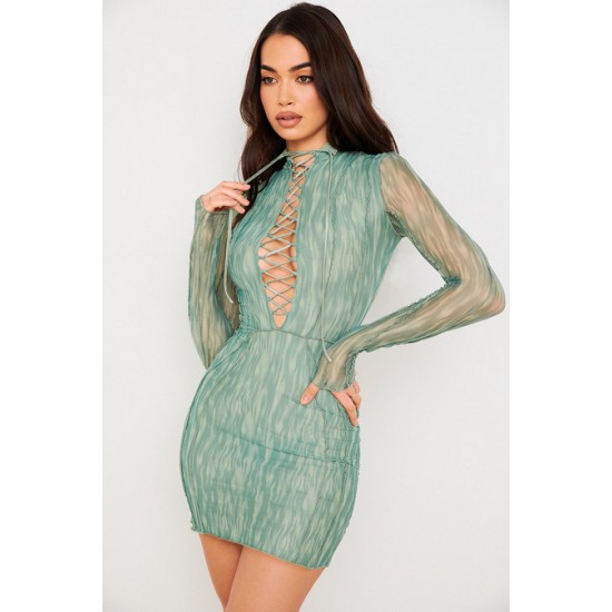 House Of CB ● Dylan Ivy Printed Mesh Lace Up Mini Dress ● Sales
