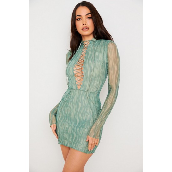 House Of CB ● Dylan Ivy Printed Mesh Lace Up Mini Dress ● Sales