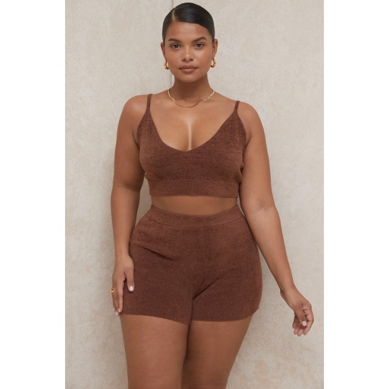 House Of CB ● Elijah Chocolate Fluffy Knit High Waisted Shorts ● Sales