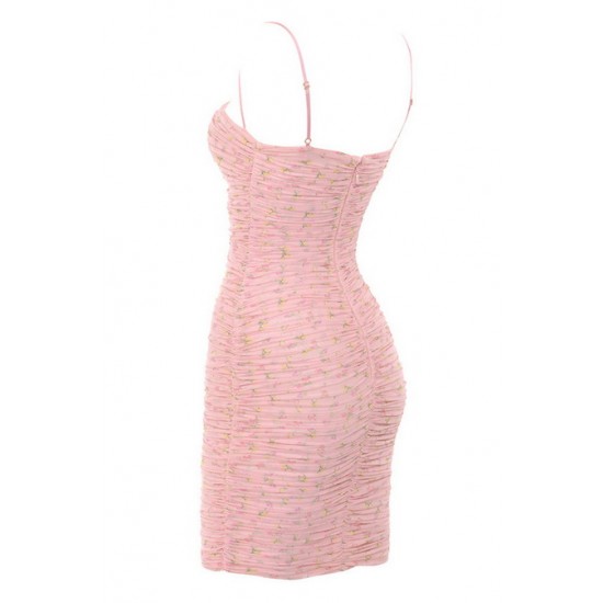 House Of CB ● Ella Pink Floral Ruched Organza Mesh Mini Dress ● Sales