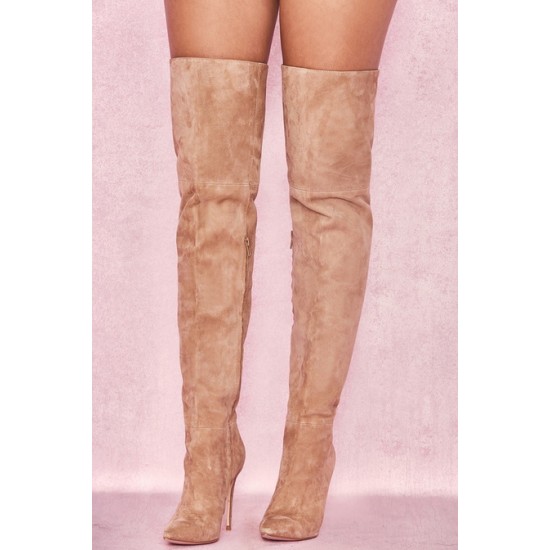 House Of CB ● Extraordinaire Tan Real Suede Thigh Boots ● Sales