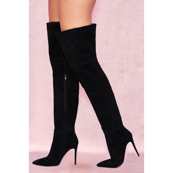 House Of CB ● Extraordinaire Black Real Suede Thigh Boots ● Sales