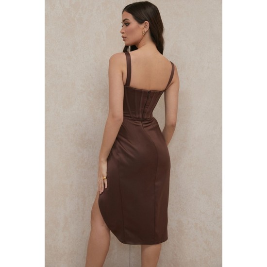 House Of CB ● Faye Chocolate Satin Corset Dress ● Sales