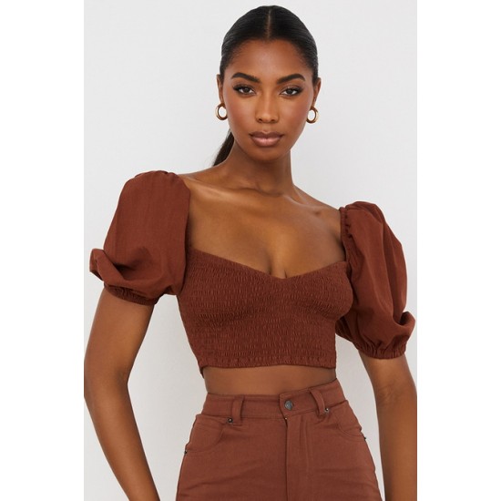 House Of CB ● Lavanna Cocoa Puff Sleeve Cropped Top ● Sales