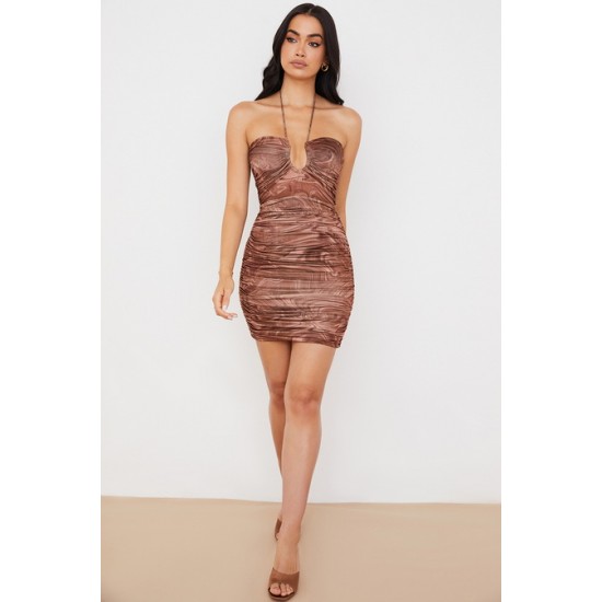 House Of CB ● Letitia Cocoa Swirl Cutout Halter Mini Dress ● Sales