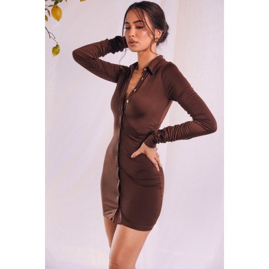 House Of CB ● Martinique Chocolate Jersey Mini Shirt Dress ● Sales