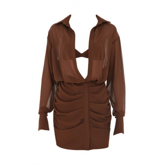 House Of CB ● Cleo Chocolate Chiffon Shirt Dress And Bralette ● Sales