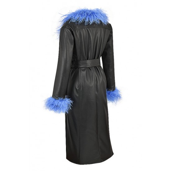 House Of CB ● Calista Black Vegan Leather Belted Feather Trim Maxi Coat ● Sales