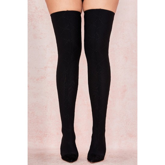 House Of CB ● Escape Black Mesh Monogrammed Thigh Boots ● Sales