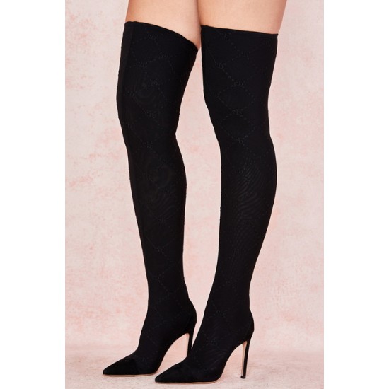 House Of CB ● Escape Black Mesh Monogrammed Thigh Boots ● Sales