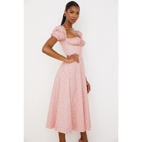 House Of CB ● Tallulah Pink Floral Puff Sleeve Midi Dress ● Sales