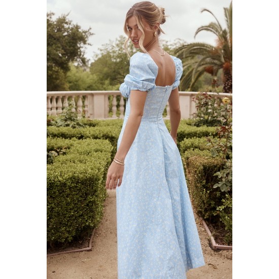 House Of CB ● Tallulah Blue Ivory Floral Puff Sleeve Midi Dress ● Sales