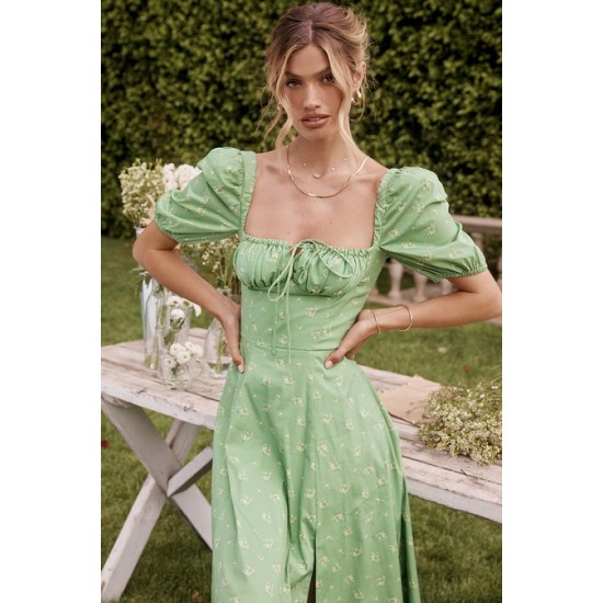 House Of CB ● Tallulah Olive Floral Puff Sleeve Midi Dress ● Sales