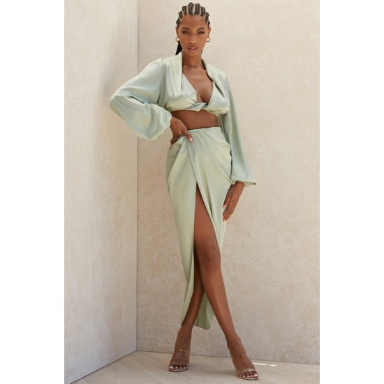 House Of CB ● Constance Sage Silky Satin Draped Skirt ● Sales