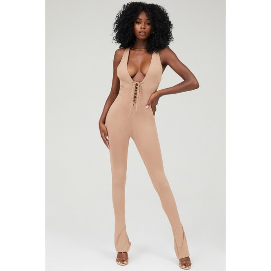 House Of CB ● Mistress Rocks Urban Taupe Jersey Lace Up Jumpsuit ● Sales