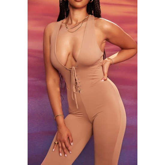House Of CB ● Mistress Rocks Urban Taupe Jersey Lace Up Jumpsuit ● Sales
